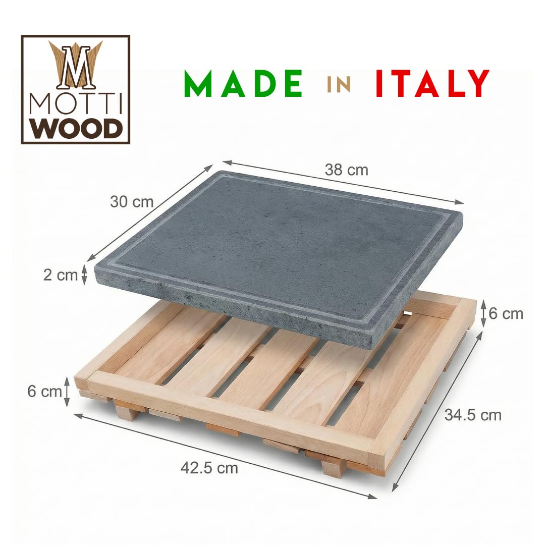 Pietra Lavica Siciliana 38x30x1,5CM, Con Supporto Legno Faggio, Estraibile, Piastra Refrattaria per Cucinare