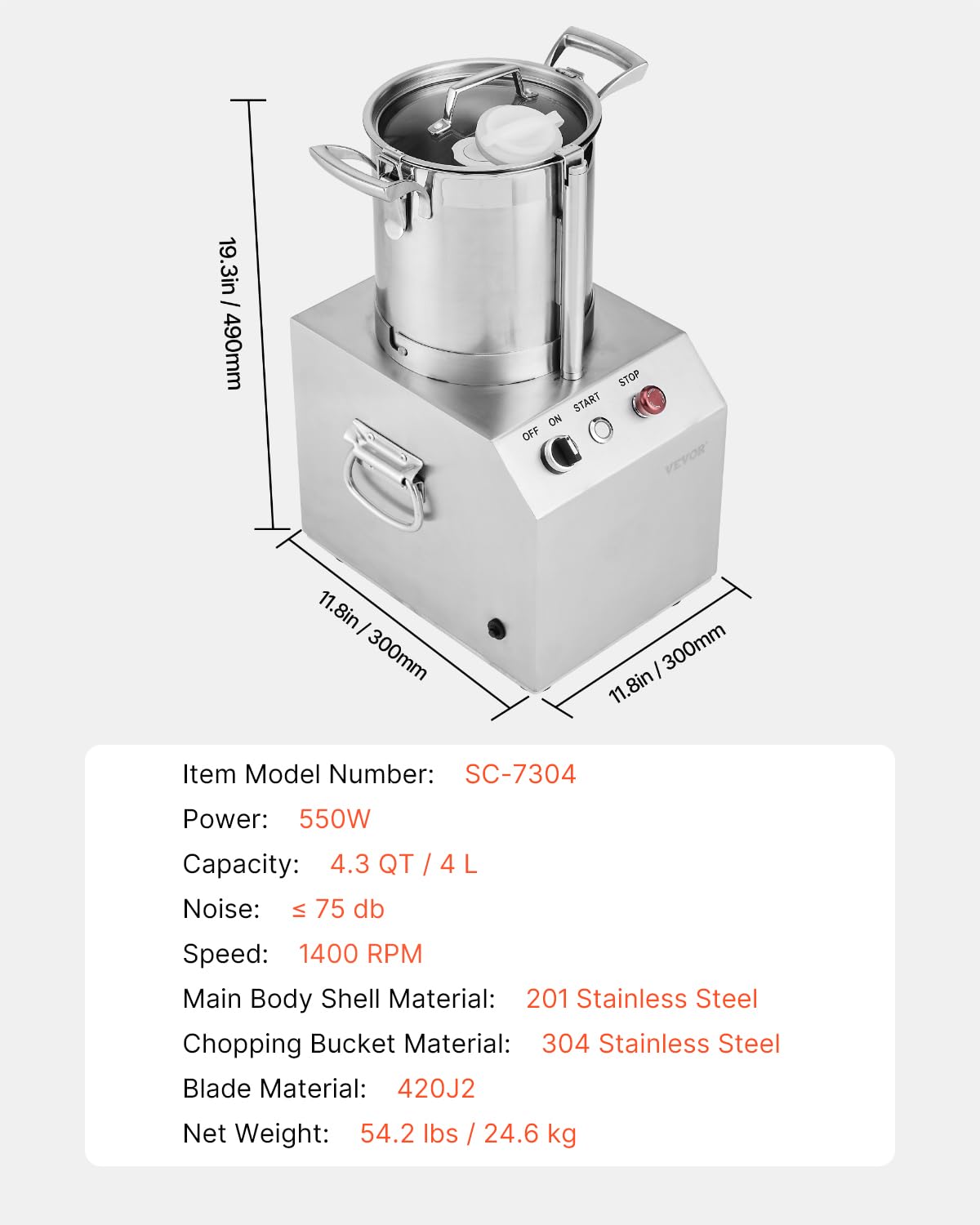 VEVOR Procesador de Alimentos y Picadora de Verduras, Acero Inoxidable de Grado Alimenticio 4 L con 2 Cuchillas Curvas S Adicionales, para Picar Verduras, Frutas, Granos y Nueces, 300 x 300 x 475 mm