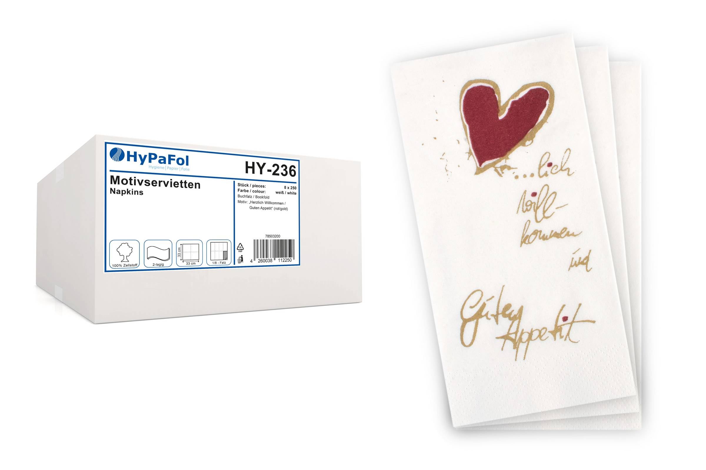 2000x Hypafol „Herzlich Willkommen“ Papier-Servietten | Tissue-Servietten in 33x33cm | Tafelservietten mit Motiv | zwei Lagen Zellstoff, 1/8 Falz, Buchfalz (33x33cm, 2000, Stück)