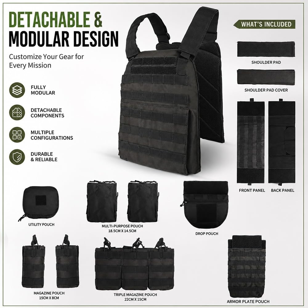 Gilet Tattico Regolabile con Tasche Rimovibili,Gilet Modulare Multitasche con Sgancio Rapido Gilet Utility Traspirante per Escursionismo Softair E attività Outdoor