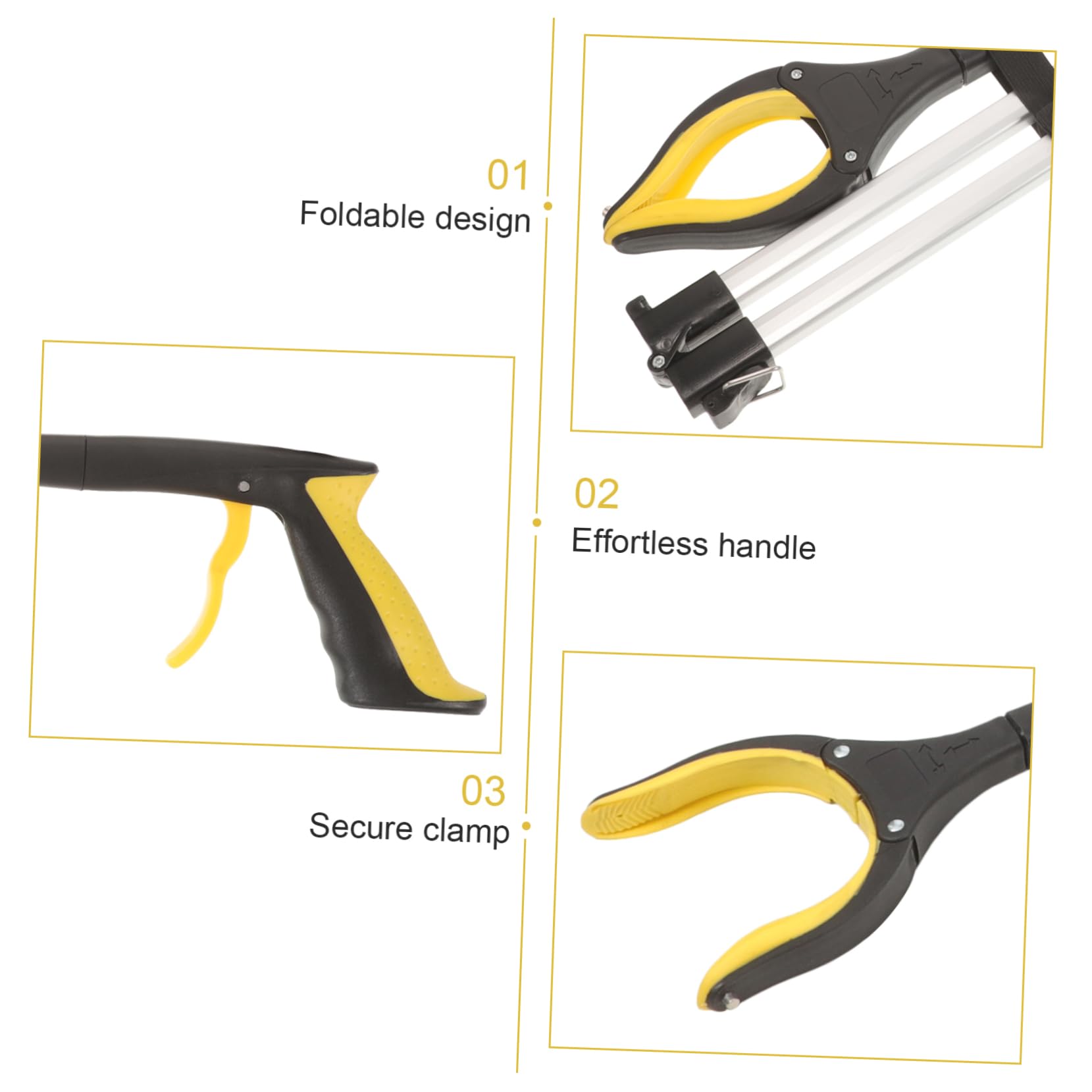 Pinza Raccogli Rifiuti Pieghevole a Tre Sezioni, Lega di Alluminio | Giallo, Giunto Bloccabile, Impugnatura Ergonomica, Facile da Riporre, per Anziani e Disabili