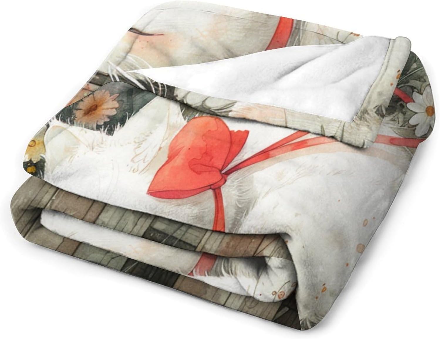 A Cute White Cat Sleeps on The Fence with Flowers Blanket Lovely Pet Cat Throw Blankets for Bed 60"x80" Flannel Fleece Throw Blanket for Couch Bed Sofa for Girls Birthday Valentines Gifts