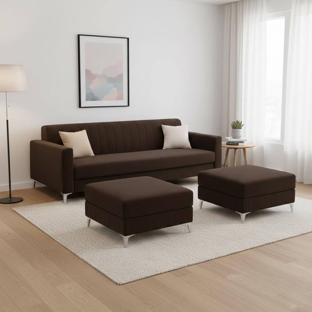 CASACOMFORT Amelia 5 Seater L Shape Sofa Set with 2 Movable Ottomans | Flexible Layout | Rich Velvet Suede Fabric | Silver Legs | Spacious Seating | Modern Sofa for Living Room (Dark Brown)