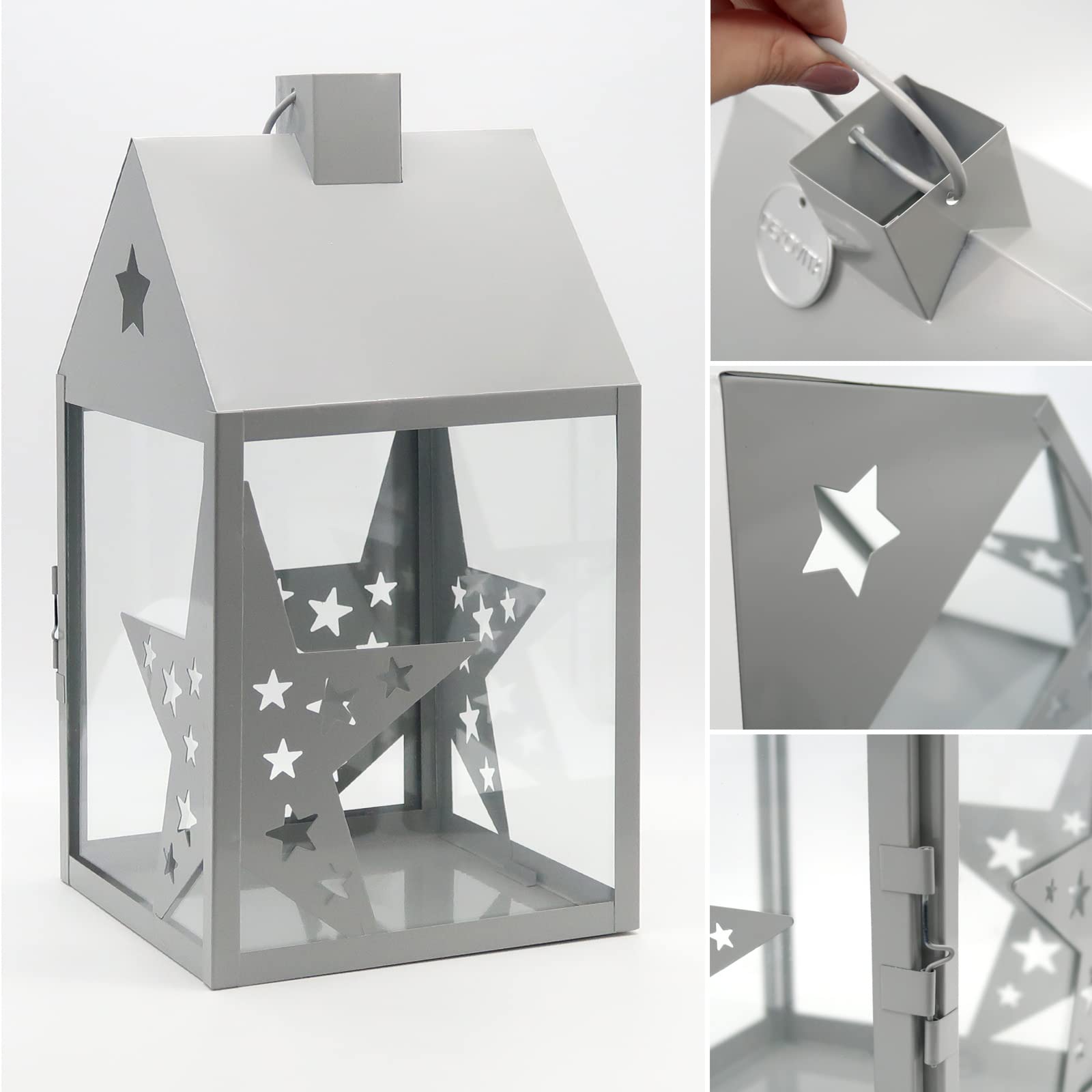 Dekovita 2er-Set Metall-Laterne 30cm/38cm - Gartenlaterne mit Glas-Scheiben - Windlicht Sterne Lichthaus