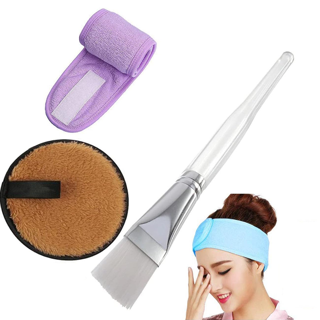 Spa Facial Headband, Wrap Sweat Makeup Hair Towel Non-slip Stretchable Adjustable Headband Tape with Brushes and Sponges for Face Wash Facial Treatment - Multi-image-32