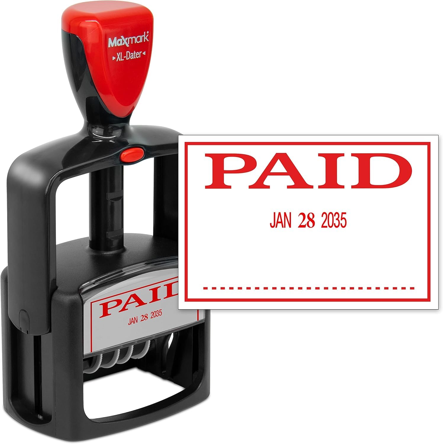 MaxMark Heavy Duty - Style 3 - Date Stamp with Paid Phrase - Self Inking Stamp - Red Ink