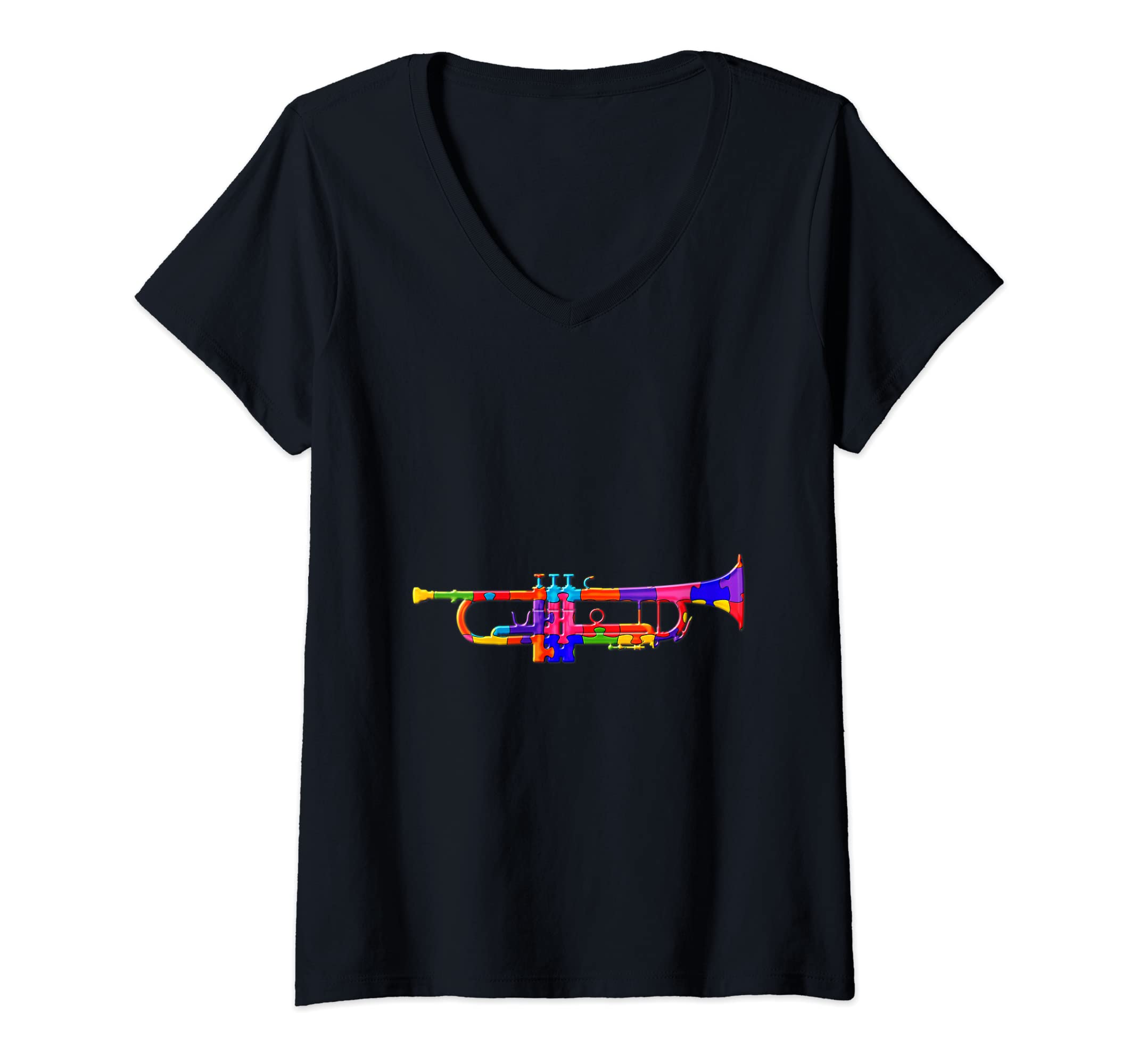 Womens Trumpet Music Trumpeter Musician Jigsaw Autism Puzzle V-Neck T-Shirt
