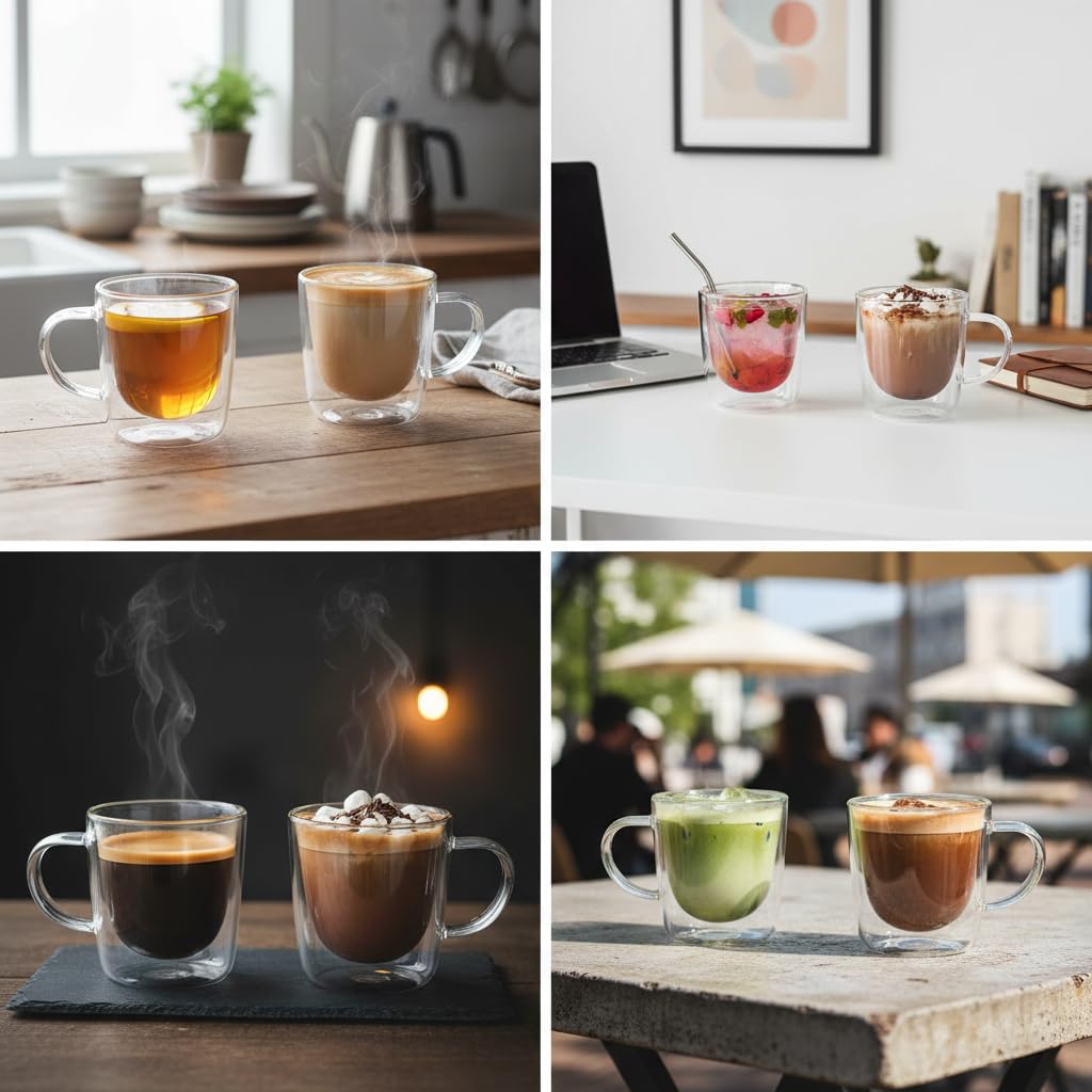 Deconox 2'li Çift Cidarlı Kulplu Cam Fincan Seti - 100 ml Isıya Dayanıklı Espresso ve Türk Kahvesi Bardağı - El Yakmayan Modern Tasarım (2 Adet)