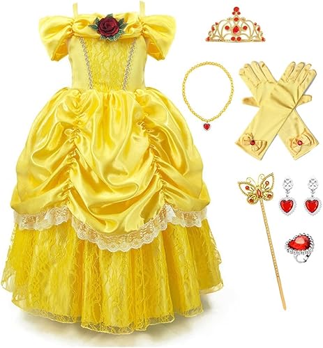 FMYFWY Disfraz de princesa de Bella para niñas, disfraz de belleza y bestia, Halloween, Navidad, boda, cumpleaños (accesorios)