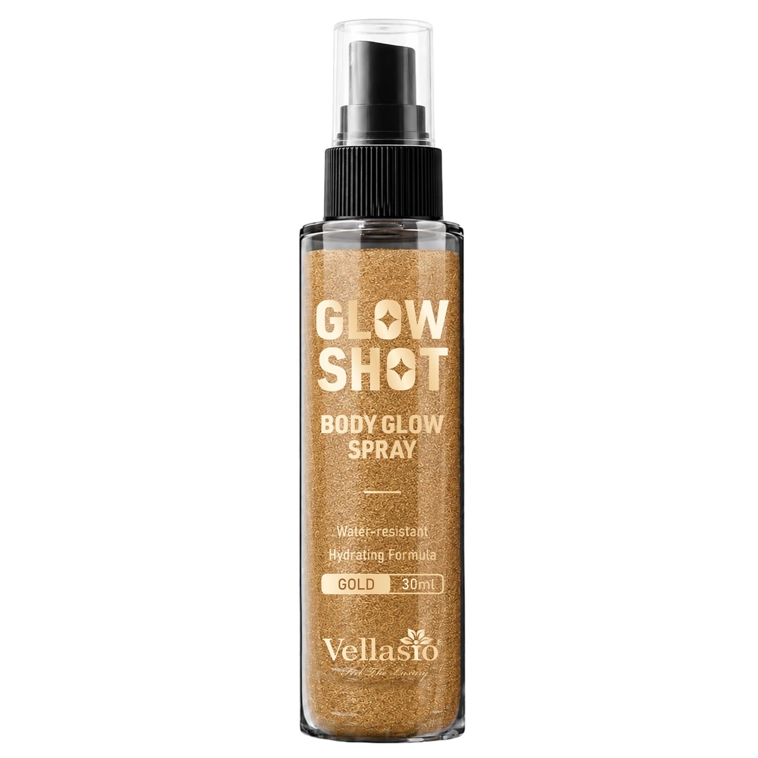 vellasio glow shot body glow spray gold, 30ml | shimmer mist, water-resistant, hydrating formula, gold shimmer, body highlighter, glow digger spray