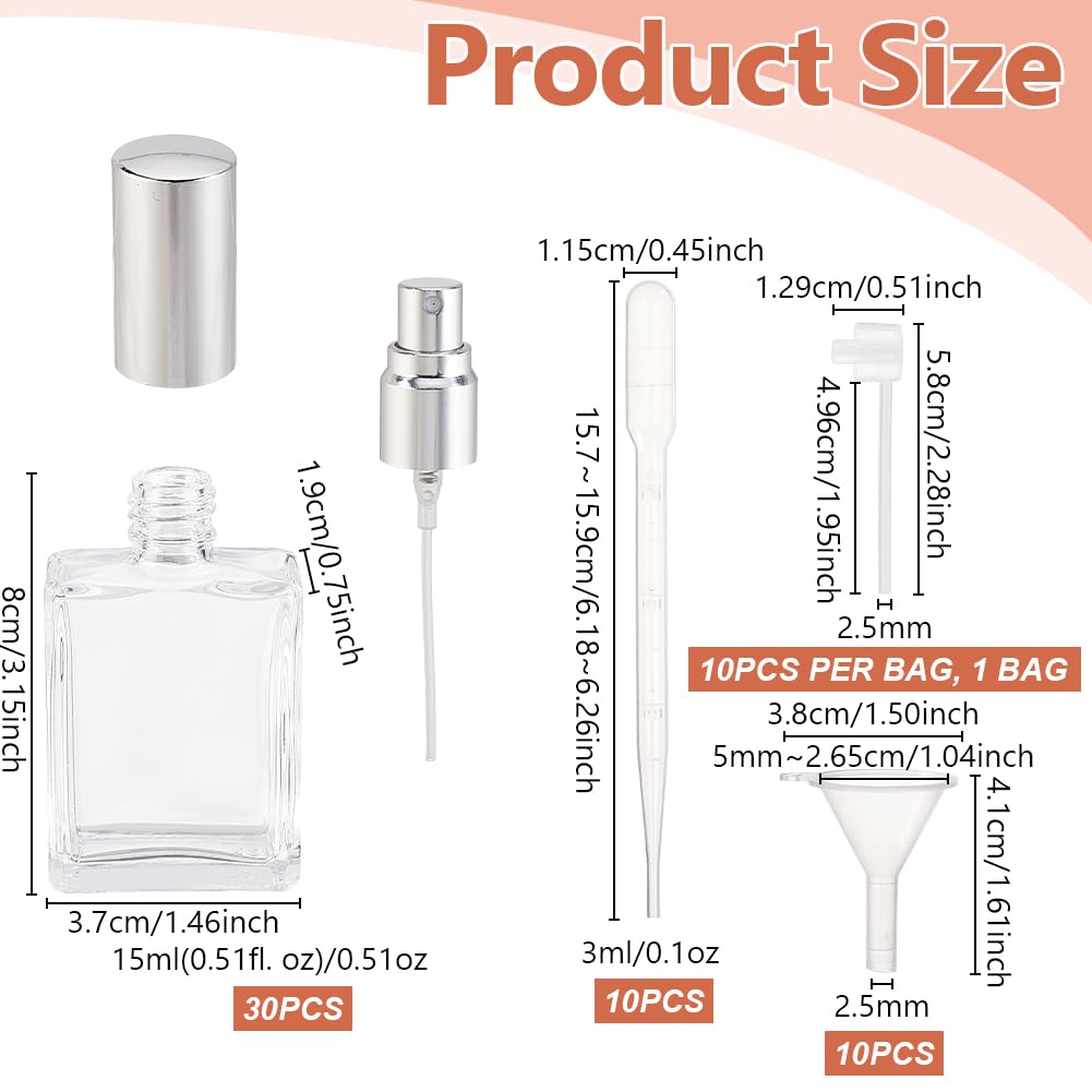 AHANDMAKER Confezione da 30 flaconi vuoti da 15 ml, quadrati, in vetro, ricaricabili, con pipetta da 3 ml e spruzzatore, per borsetta, palestra, ufficio