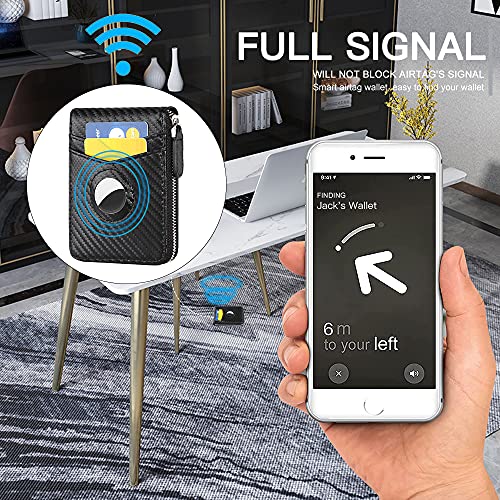 Huztencor AirTag Wallet, Mens Wallet Zipper RFID Slim Leather RFID Credit Card Wallet with Built-in Case Holder for Apple AirTag Carbon Fiber Black2