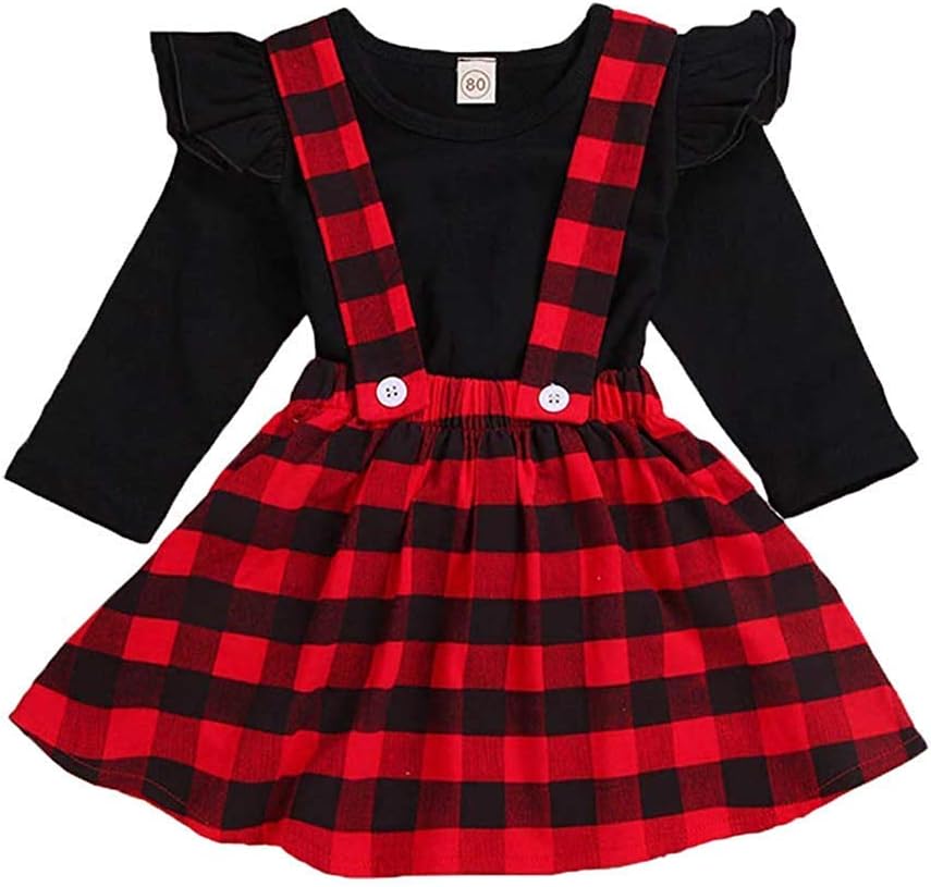 Christmas Outfit Toddler Baby Girl Clothes Long Sleeve T-Shirt Ruffle Top Overalls Strap Dress Plaid Skirt Winter Clothes Set(3-4 T) Black