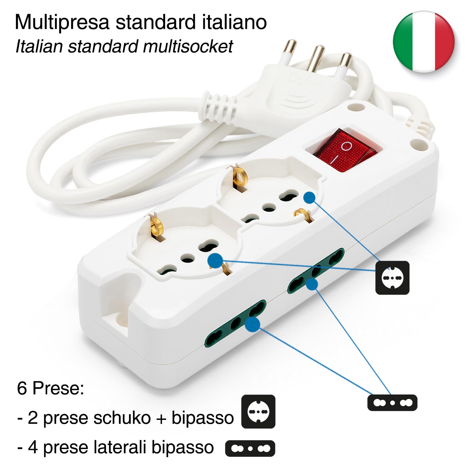 VELAMP - Ciabatta Multipresa Piatta a Presa Multipla (2 Prese Schuko + 10/16A e 4 Prese 10/16A), Ciabatta Elettrica Multipresa con Spina 16A, Cavo 1m, Interruttore Luminoso, Presa Sicura - Bianco