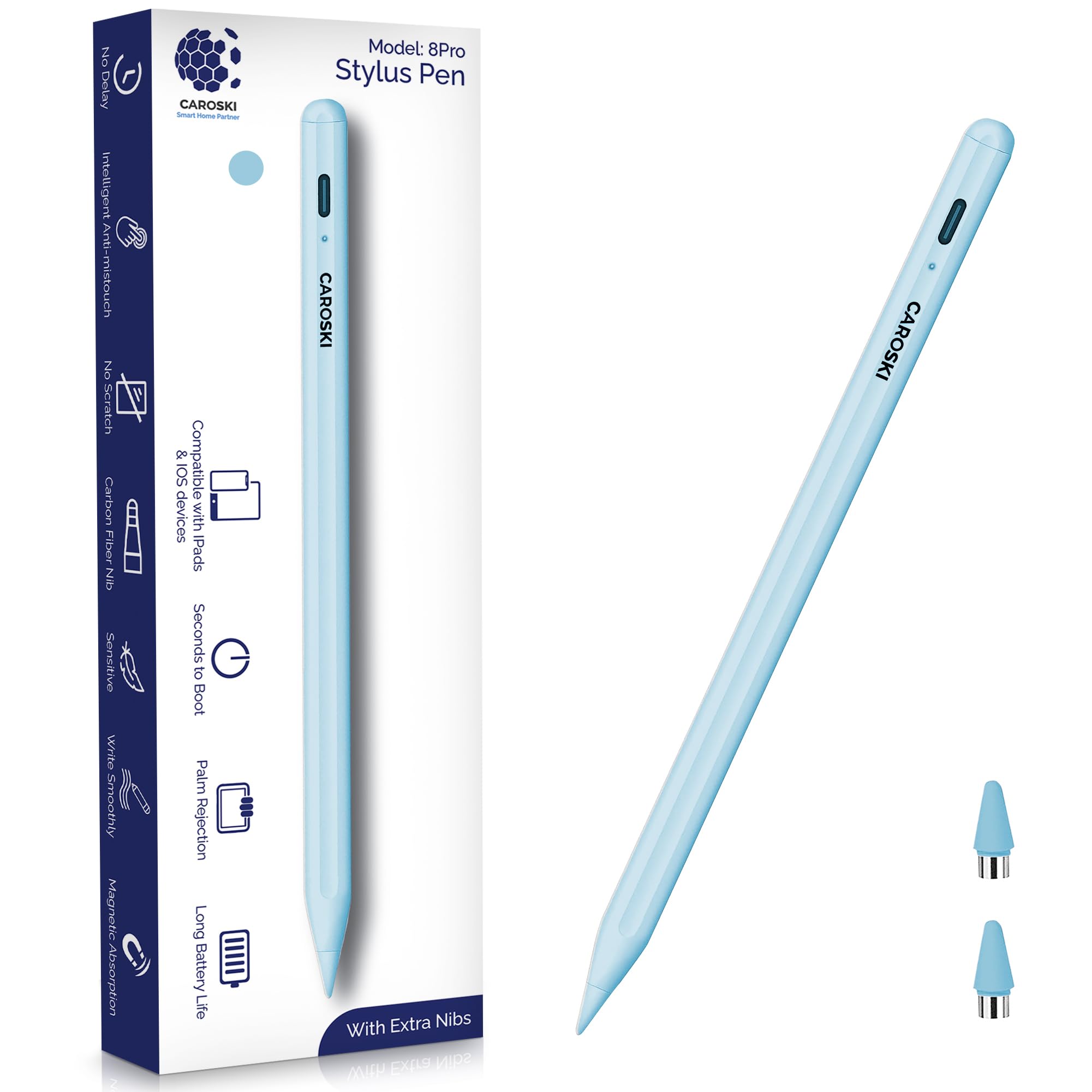 CAROSKIStylus Pen, iPad Pencil With USB-C Charging Cable (1 Year Warranty) Tilt Sensitivity & Magnetic adsorption, Long Battery Life (Stylus Pen (Blue))