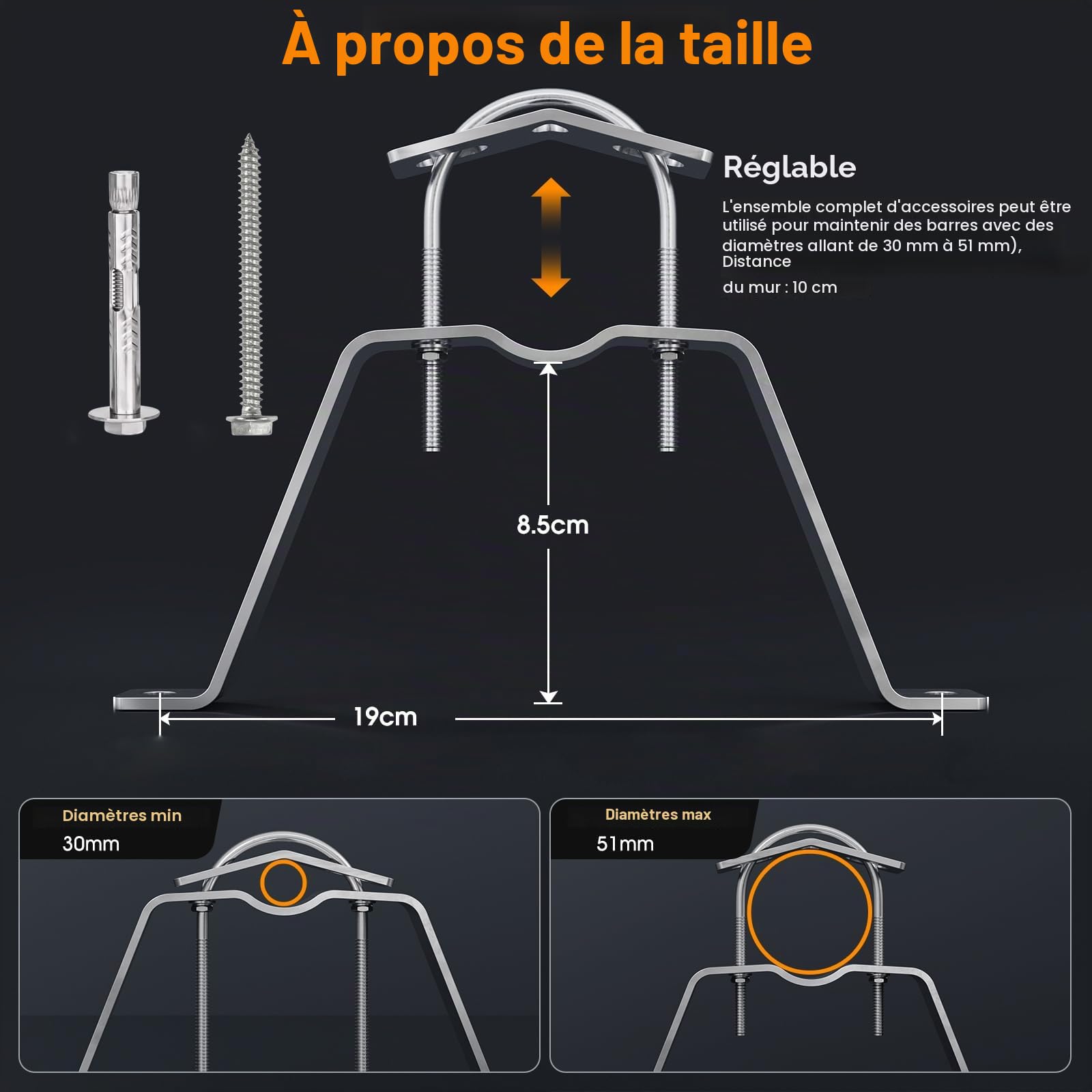 SS304 Support mural HQ 10 cm – Attache de pôles ou pôles jusqu'à 50 mm pour satellite Bowl/antenne radio DVB-T2/antenne LTE/parasol/pare-soleil
