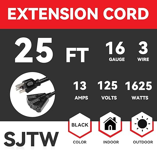 Miniatura 2 de EP Cable de extensión para exteriores de 25 pies con 3 tomas de corriente eléctrica, cable negro SJTW de 163 con enchufe a tierra de 3 clavijas para