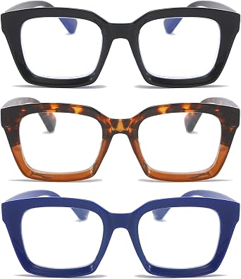 DXYXYO 3 Pack Retro Oversized Reading Glasses for Women Men Fashion Square Blue Light Blocking Computer Reader