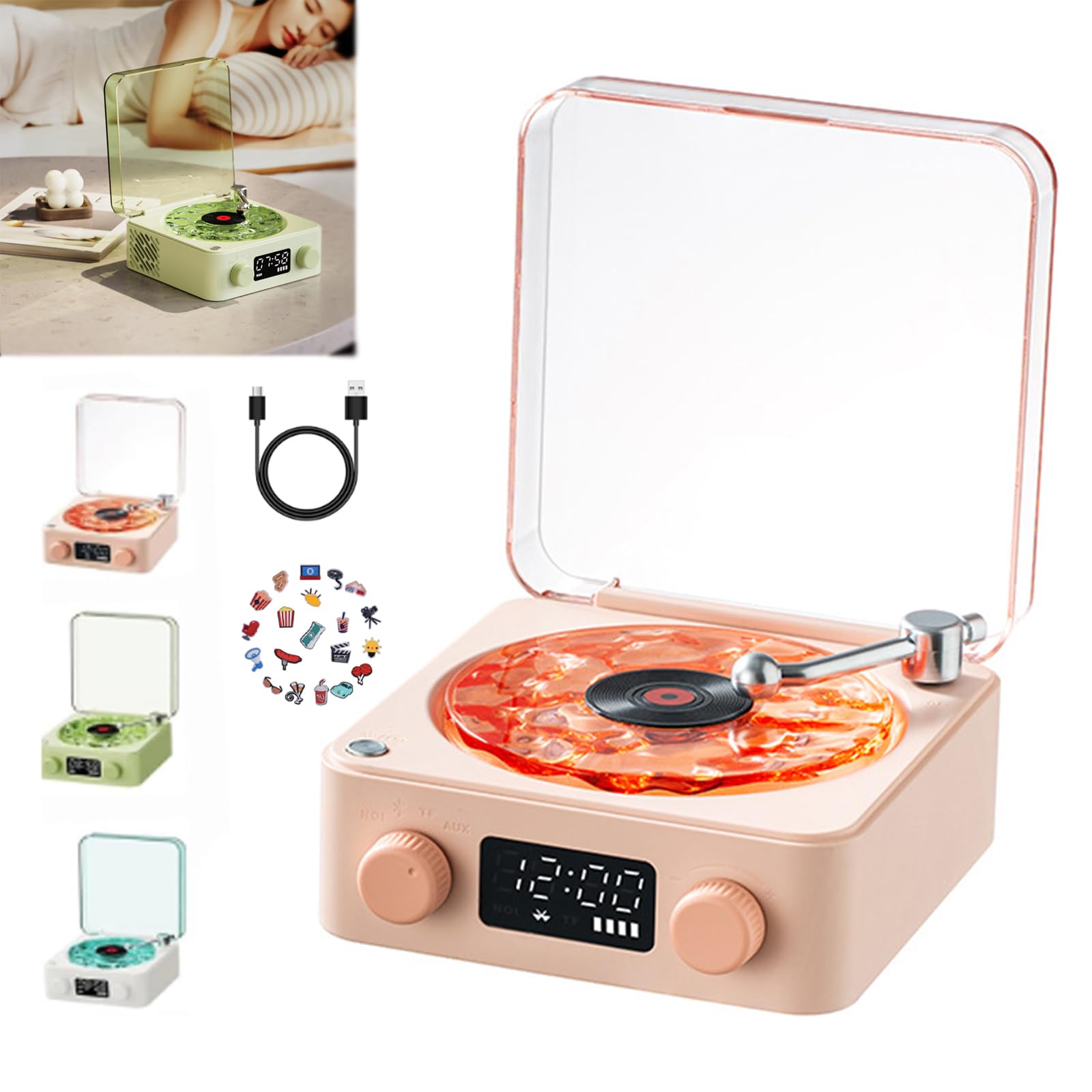 Generic Aquavinyl Waves Mini Speaker, Retro-Style Wireless The Waves Vinyl Player for Sea White Noise with Bedroom Clock Ambience Light,Aqua Vinyl Bluetooth Speaker for Bedroom Home Office (Green)