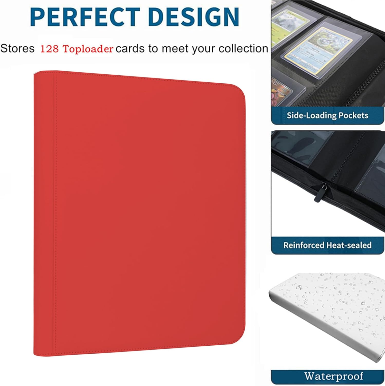 Toploader Binder,4-Pocket Double Sided Top Loaders Binder,Holds 128 Cards in 3"x4" Toploaders,PU Leather Card Binder Abulm for Toploader Trading,Sports,and Gaming Cards (Red)