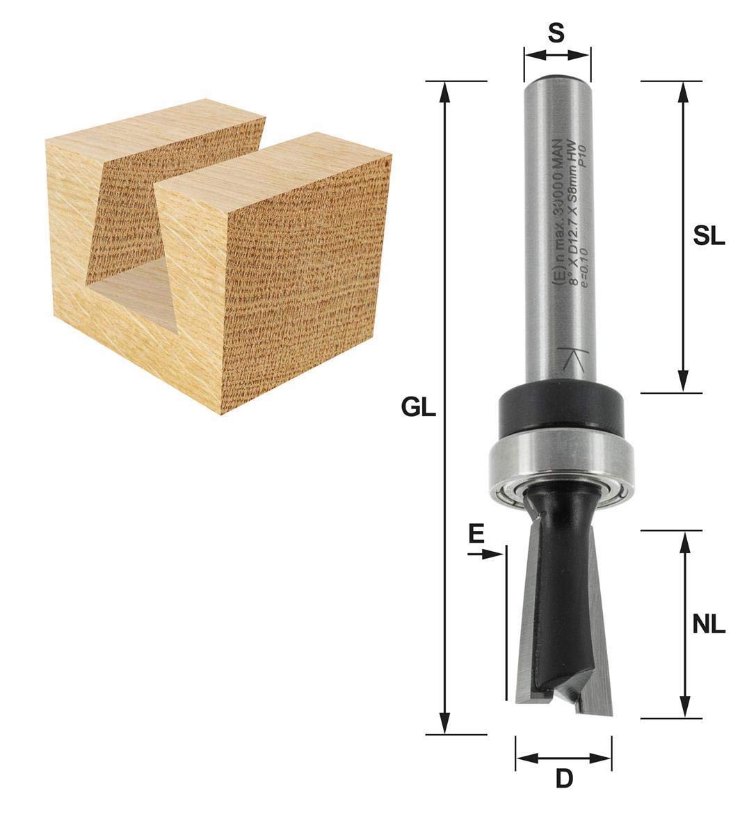 ENT Fresa A Denti In Carburo Per Sagoma Metrica 12,7 Mm - Con Cuscinetto A Sfere 16 Mm, Angolo 8°, Codolo 8 Mm