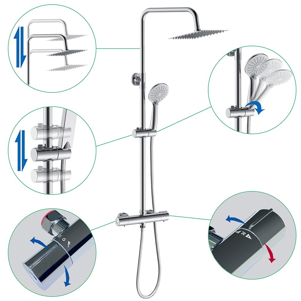 AICA ITALY Colonna Doccia con Miscelatore Termostatico, Doccia Soffione Rotante 360° in Acciaio Inox, Kit Asta Doccia Regolabile 80-116cm