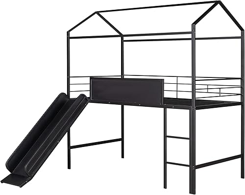 Miniatura 6 de DEINPPA Litera de metal individual con tobogán y escalera cama individual sobre cama individual para niños y niñas