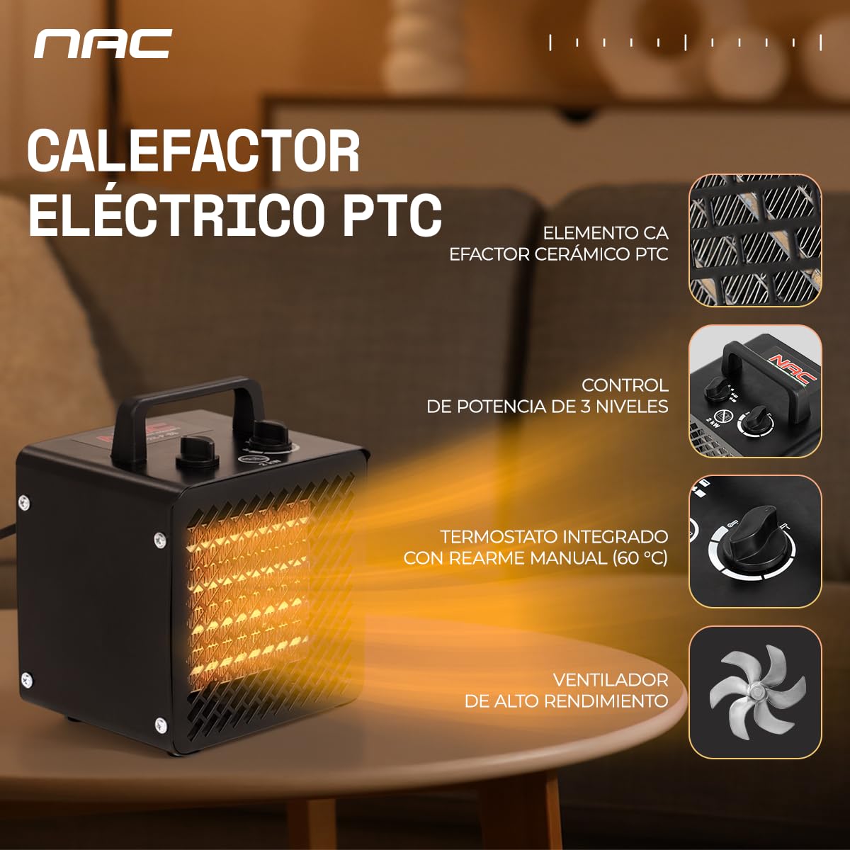 NAC Calefactor Ceramico Electrico 2000W - Calentador Electrico con 3 Niveles de Calefacción - Calefactor Portatil Industrial con Termostato, Cañon de Calor - Heater Electric para Garaje Taller Obra