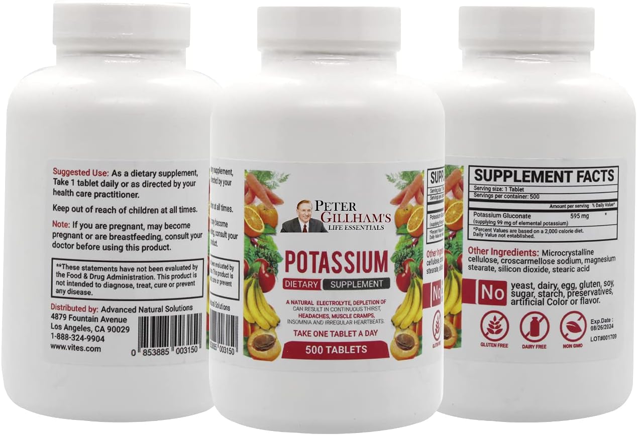 Peter Gillham’s Life Essentials Potassium Gluconate tablets 595mg, 500 Tablets, Support Electrolyte Balance, Made in USA (Package May Vary)