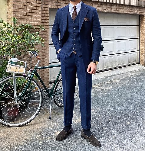 Men's 3 Pieces Suit Slim Fit Suit Tweed Herringbone Business Suit Pants Set for Wedding Party(Blazer+Vest+Pants)2