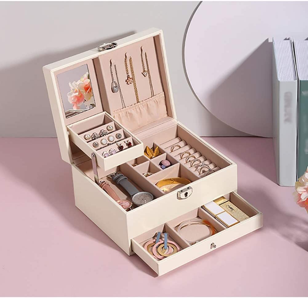 Caja De Joyería Caja De Joyería Caja De Joyería Con Cerradura Organizador Con Cajones Espejados Caja De Almacenamiento De Joyas Pendientes Anillos Caja De Exhibición Organizador De Joyas(Beige)
