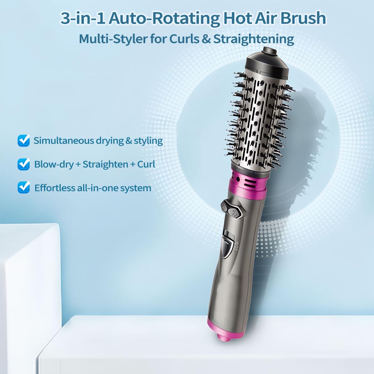 Cepillo Giratorio Secador de Pelo, Cepillo de Aire Caliente Rotatorio con 2 Cepillos Intercambiables, Peine Electrico Secador de Pelo con Iones Negativos, Thermal Brush para Rizado y Cabello Liso
