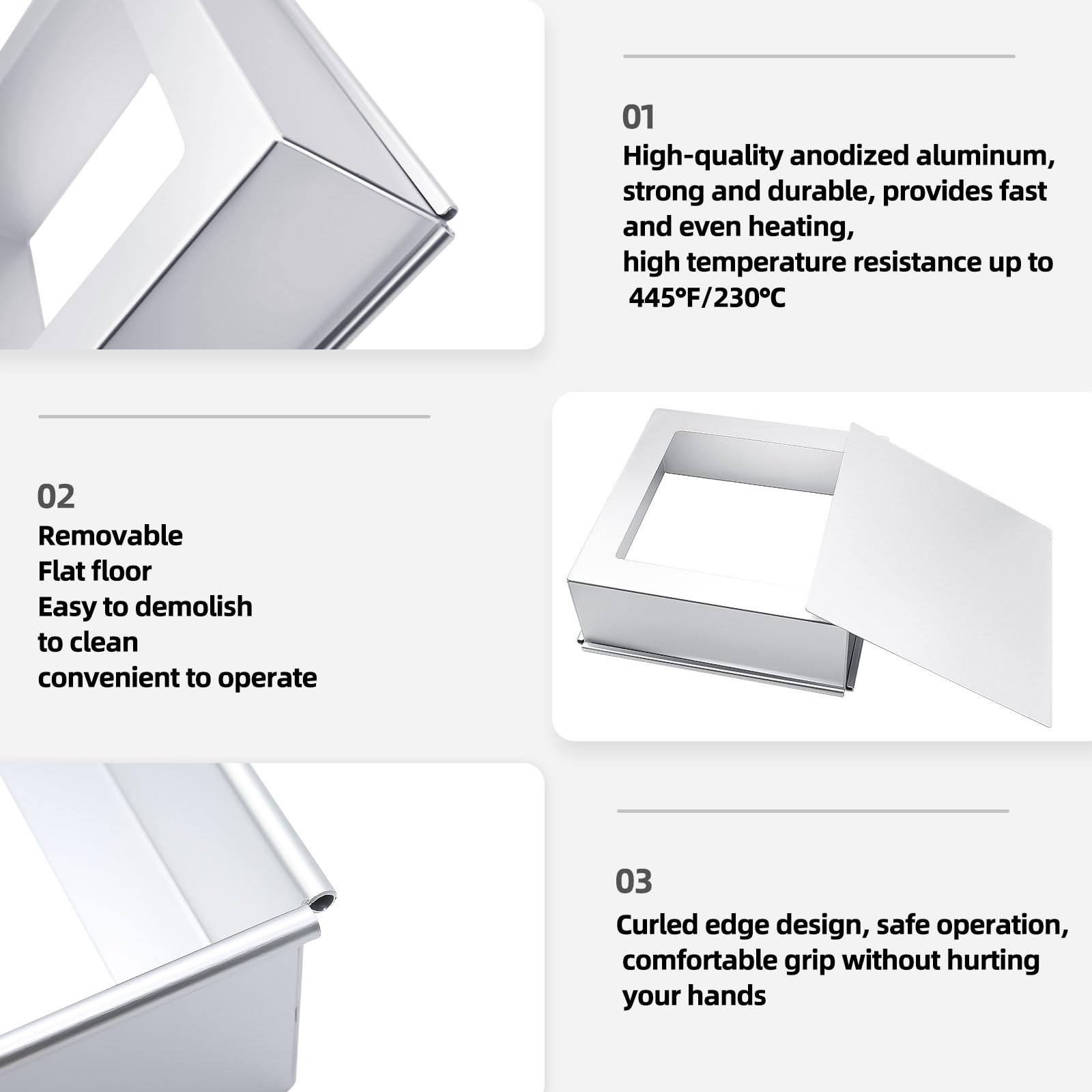 Teglia quadrata da forno quadrata con fondo rimovibile e rivestimento antiaderente in alluminio anodizzato, pirofila quadrata, teglia profonda 8 pollici, argento