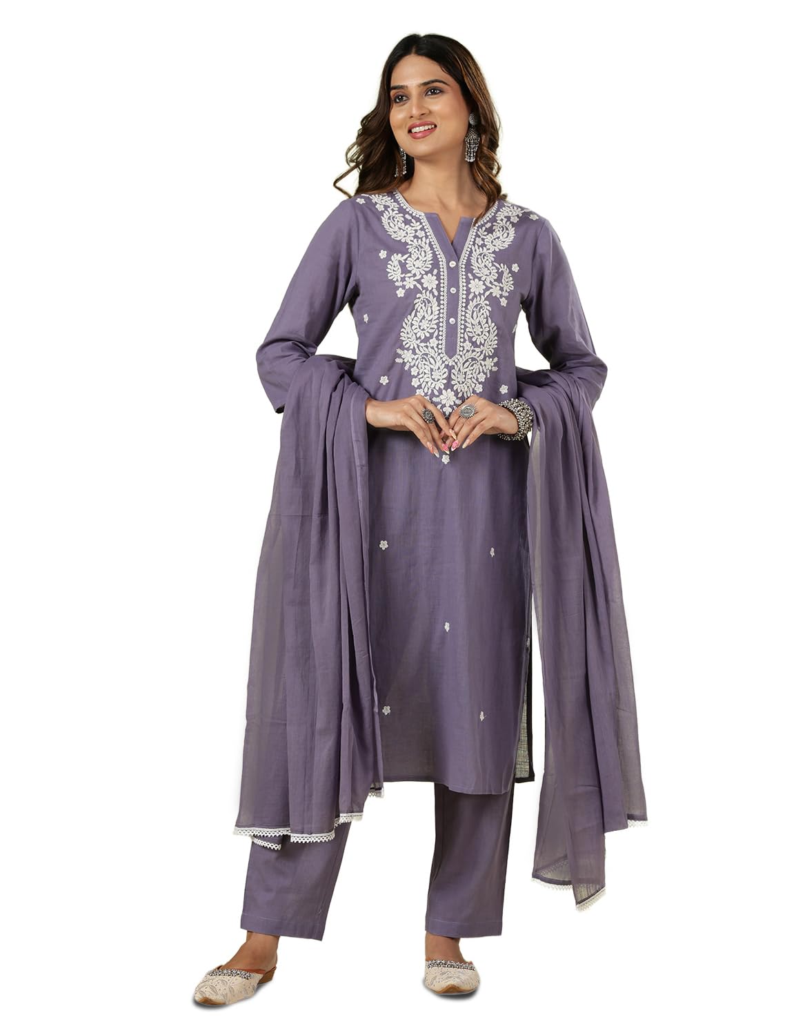 kaari Chikankari Embroidered Kurta Set for Women– 100% Cotton | Yoke Detailing | Three Piece Kurta Set with Dupatta | ¾ Sleeve-picture-32