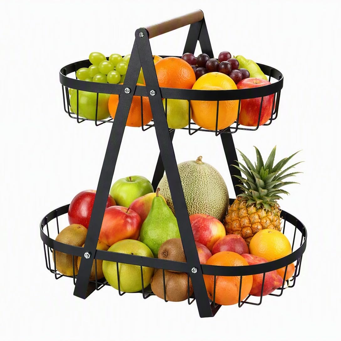 2-Tier Fruit Racks Fruit Bowl Fruit Basket, Metal Fruit Vegetables Bowls, Vegetable Rack, Detachable Fruit Holder for Holding Fruit, Vegetables, Eggs, Snacks (Black)