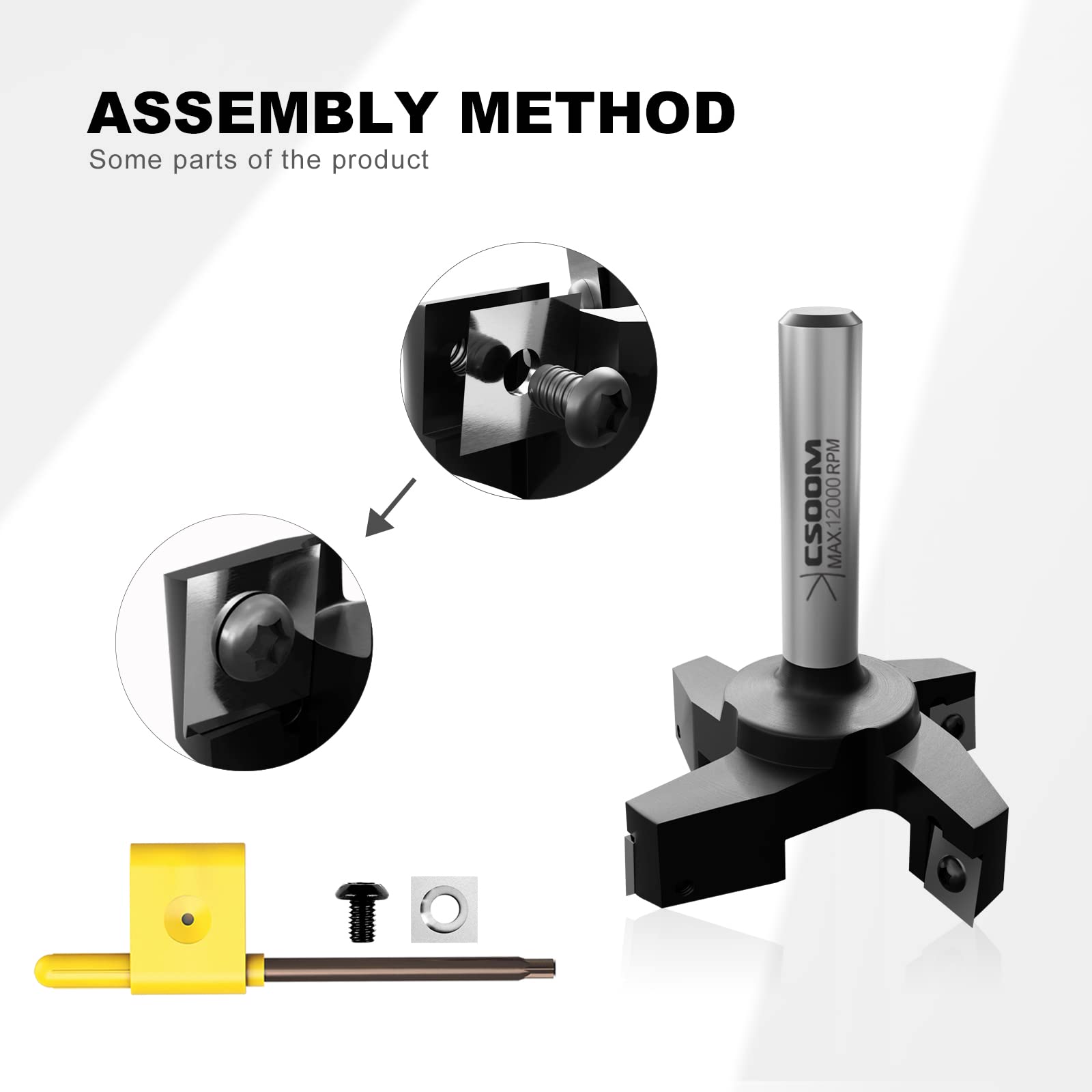 CSOOM Punta per fresatrice CNC Spoilboard, codolo da 1/2", diametro di taglio 7,6 cm, 4 ali, punta per pialla per legno, utensili per la lavorazione del legno, viene fornita con 10 lame di ricambio