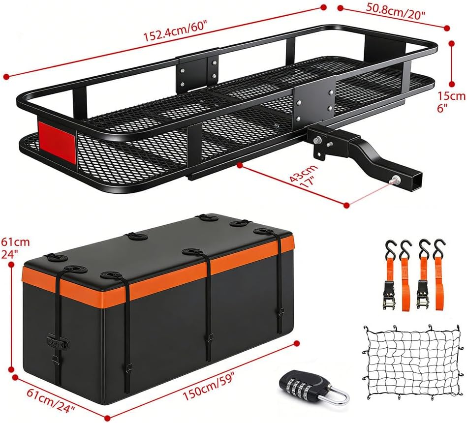 Hitch Mount Cargo Carrier 60 x 20 Inch Folding Luggage Basket with Waterproof Cargo Bag Net Straps Lock and Stabilizer, Heavy Duty Steel Rack for SUV Pickup Truck 500 LBS Capacity