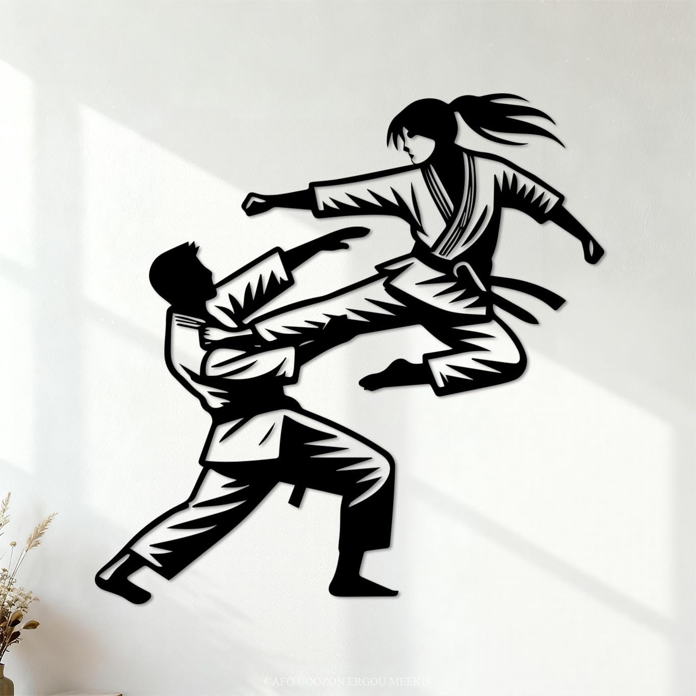 Karate Girl Martial Arts Pose Lettering Decals 42x42.1cm Store Decoration Black
