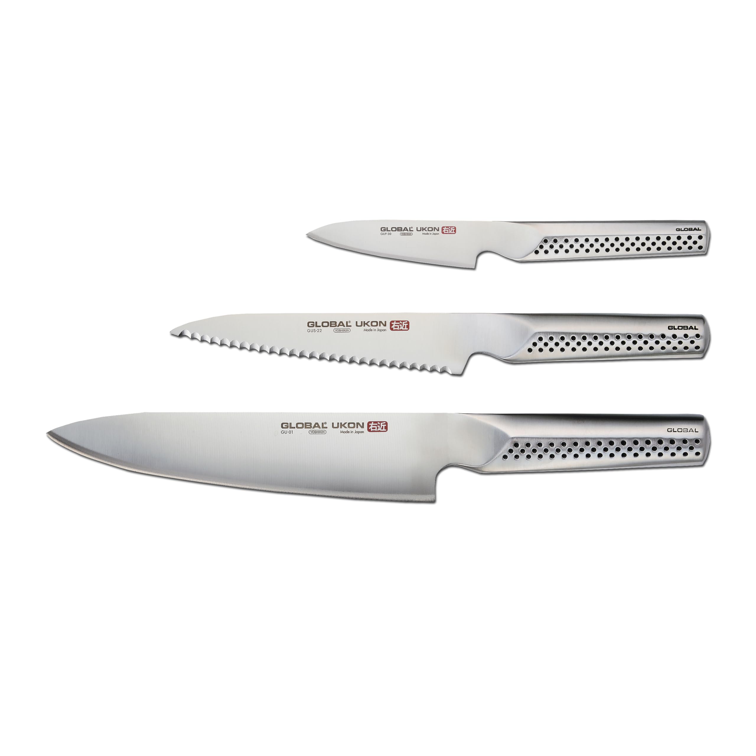 Ukon 3 Piece Knife Set, Featuring 8 inch Chef, 6 inch Serrated Utility, 3.5 inch Paring, Lightweight Japanese Stainless Steel, Razor Sharp Edge, Made in Japan, GU-3001