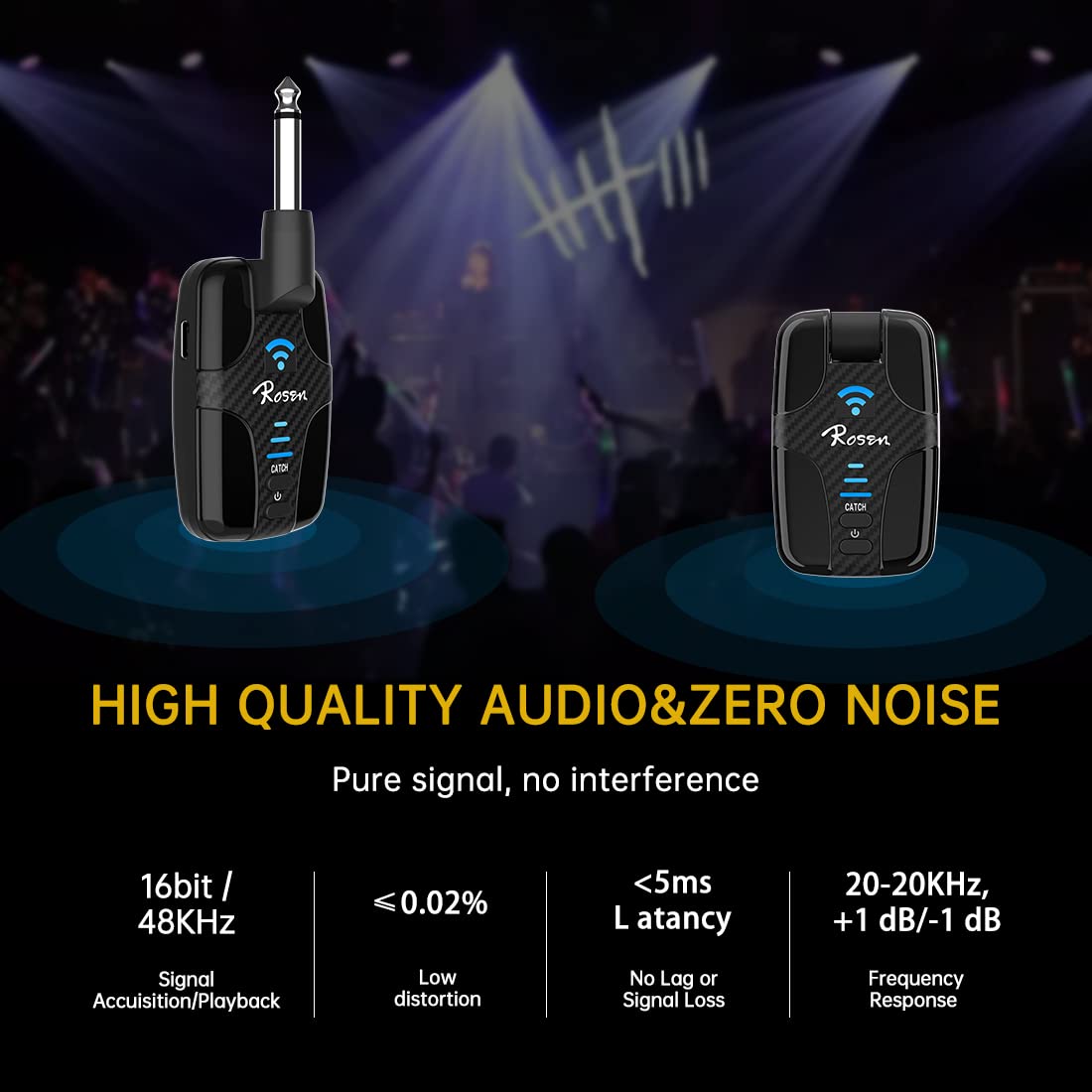 Rosen DC-81 Wireless Guitar System - 2.4GHz Rechargeable Transmitter & Receiver For Instruments