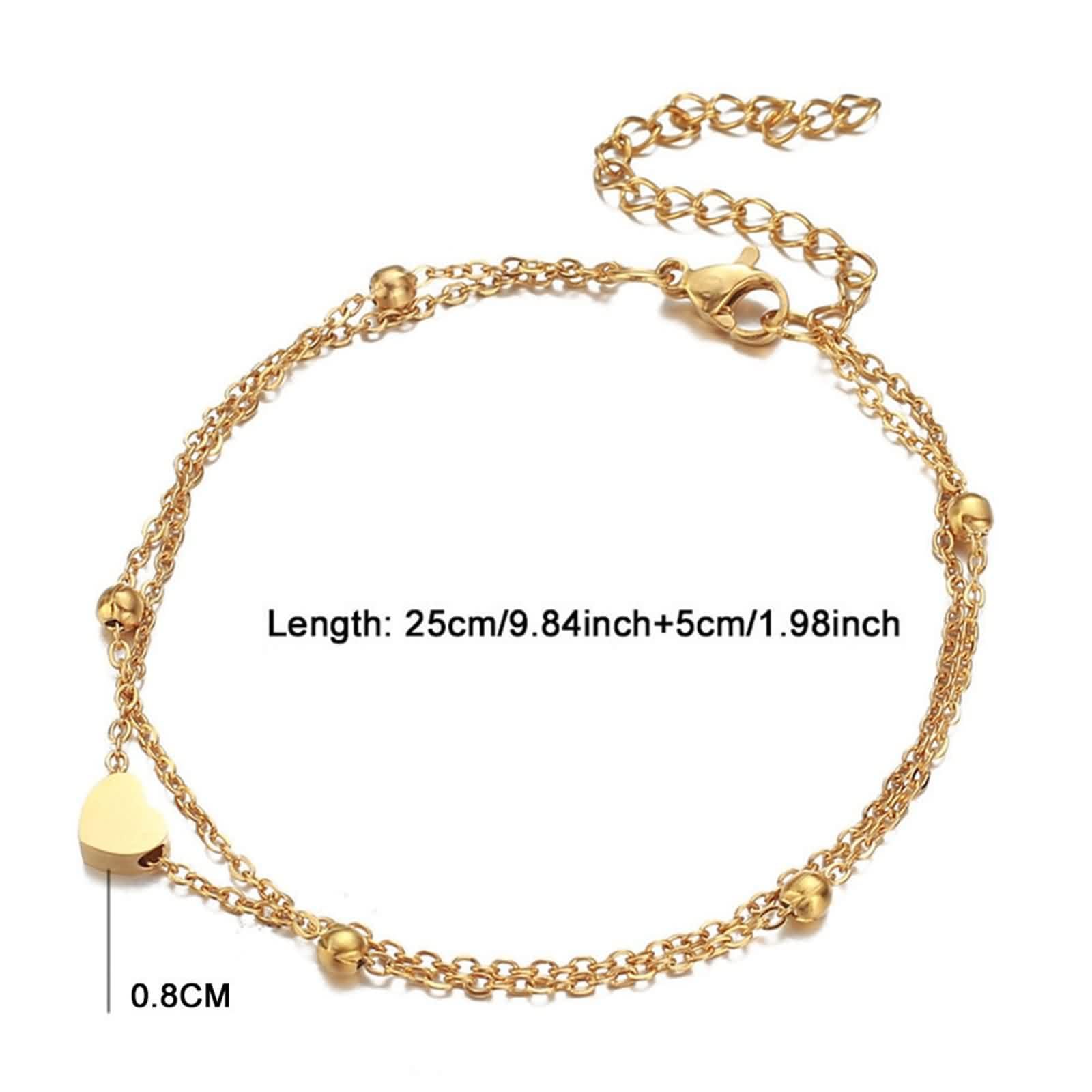 Tobillera para mujer, resistente al agua, oro blanco de 14 K, Au585, oro 585, cadena doble con corazón, tobilleras bohemias para mujer, verano, vacaciones, para mujeres, niñas, madre para mujer