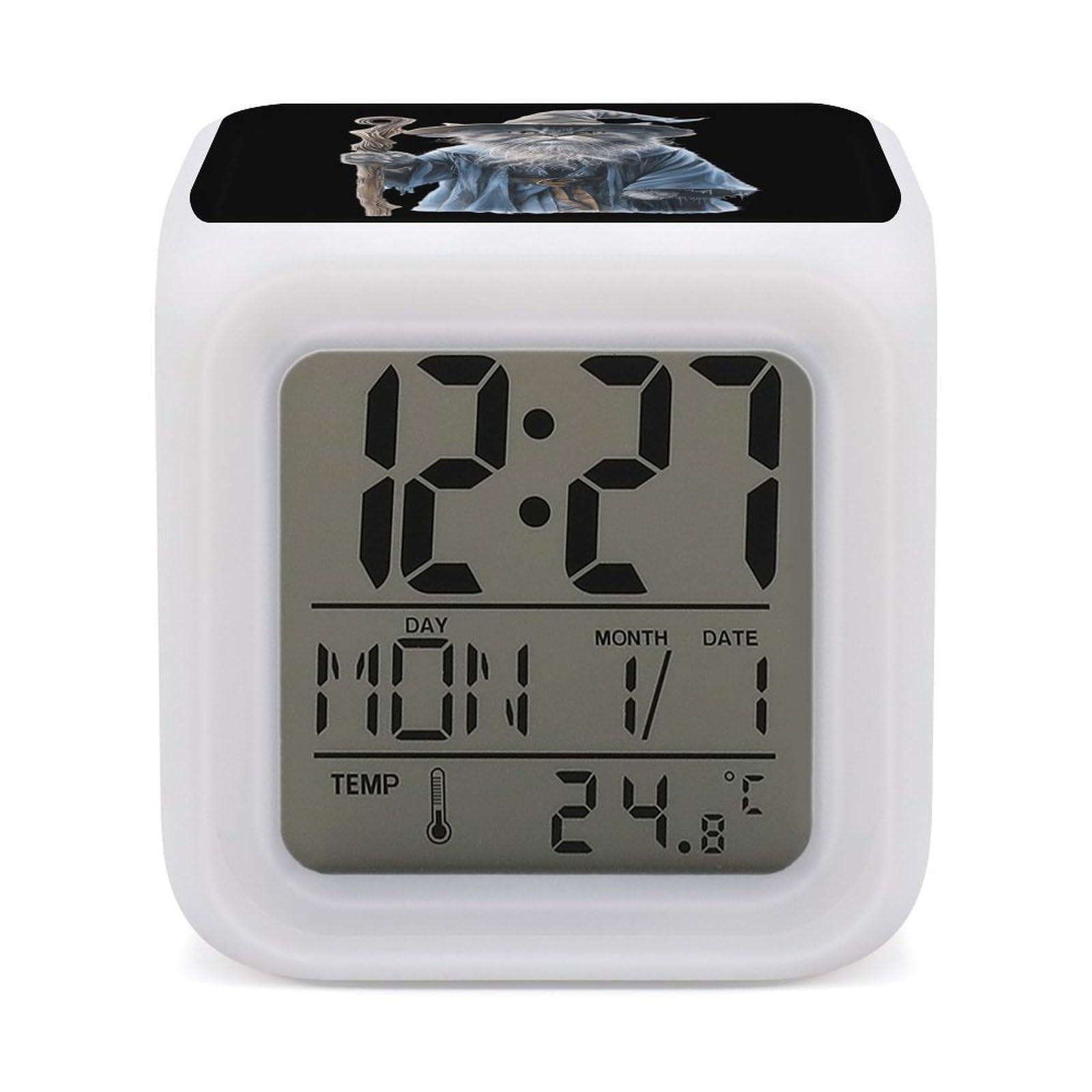 Cat Lovers Lord of The Cats Catdalf Cute Digital Alarm Clock Cube 7 Colors Changing LED Light Bedside Clock for Bedroom