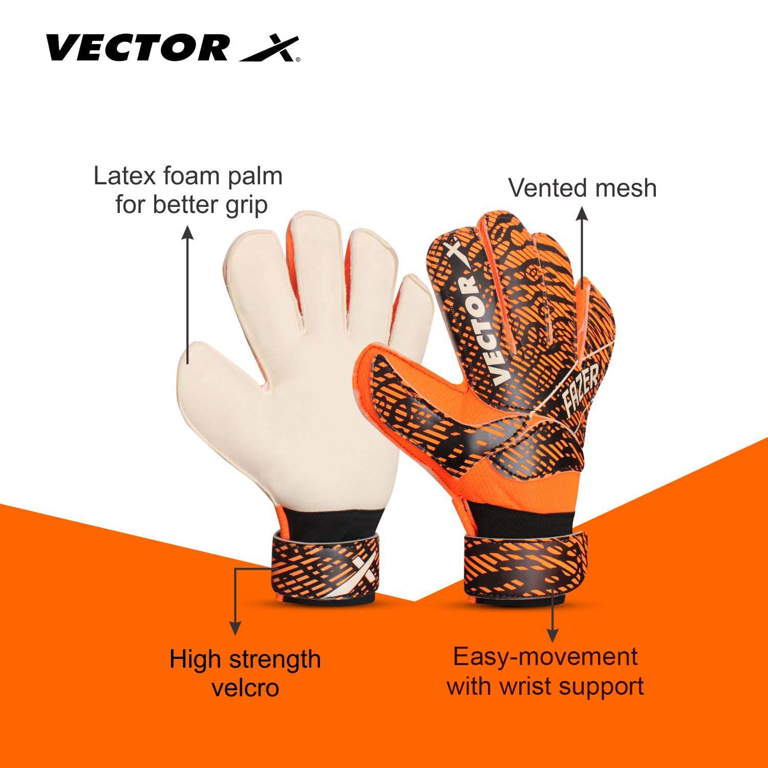 Vector X FAZER Goalkeeper Gloves | for Multipurpose use Strong Grip for The Toughest Saves | with Finger Spines to Give Splendid Protection and Comfort | Finger Saver | (8, White-Orange-Black) 1