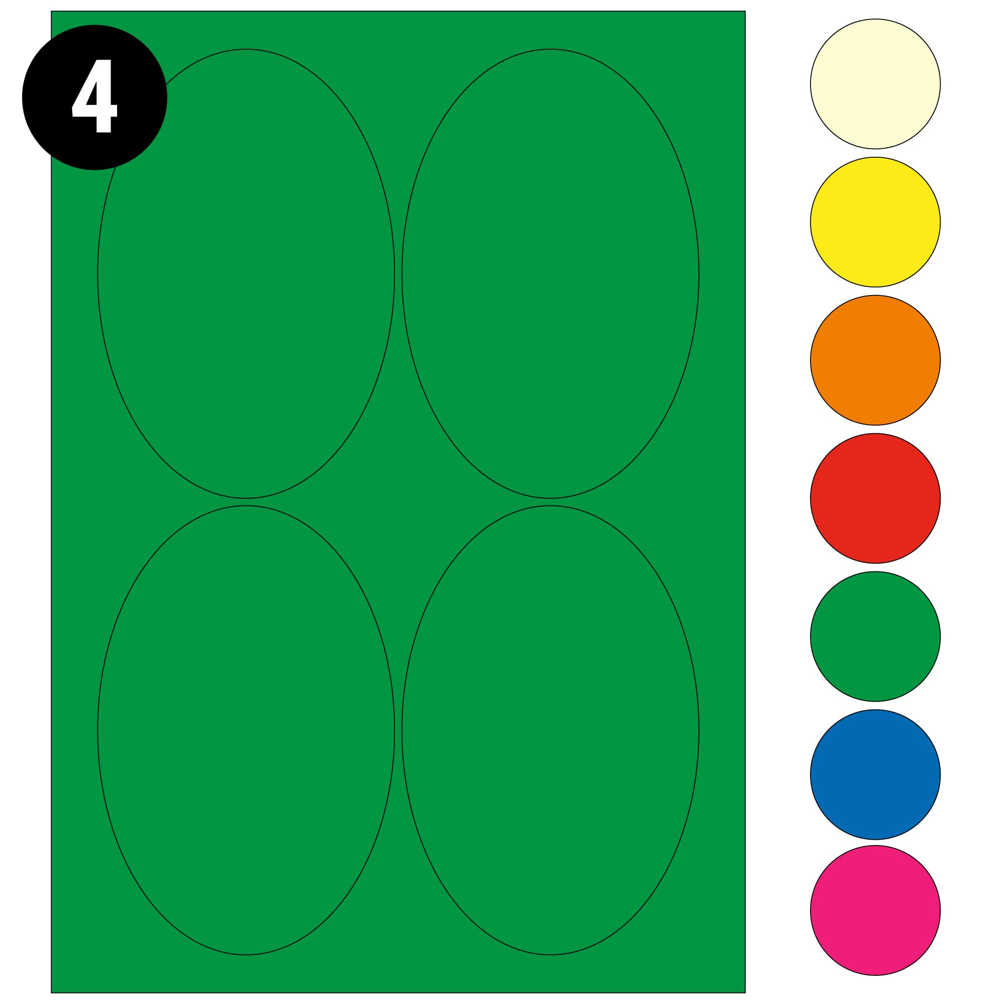 L&B Colour Range - Oval Labels – 3 Sizes & 7 Vibrant Colors – A4 Sheet – Compatible with Laser & Inkjet Printers (Green, 4 Labels Per Sheet - 100 Sheets)
