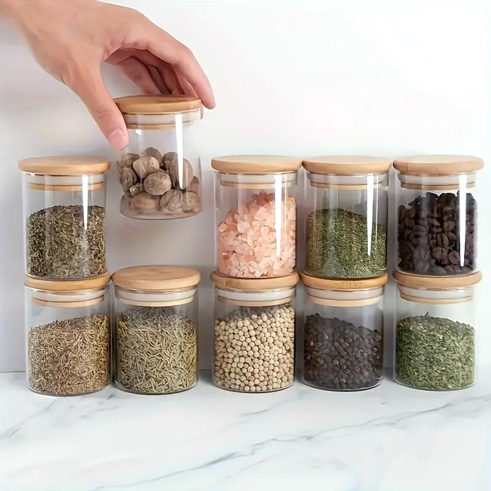 SILIVO Glass Containers For Kitchen Set of 12 Kitchen Glass Containers With Wooden Lid | Airtight Glass Jars For Storage | Kitchen Container Set Glass | Spice Jars, Masala Box | 220Ml Each,Clear