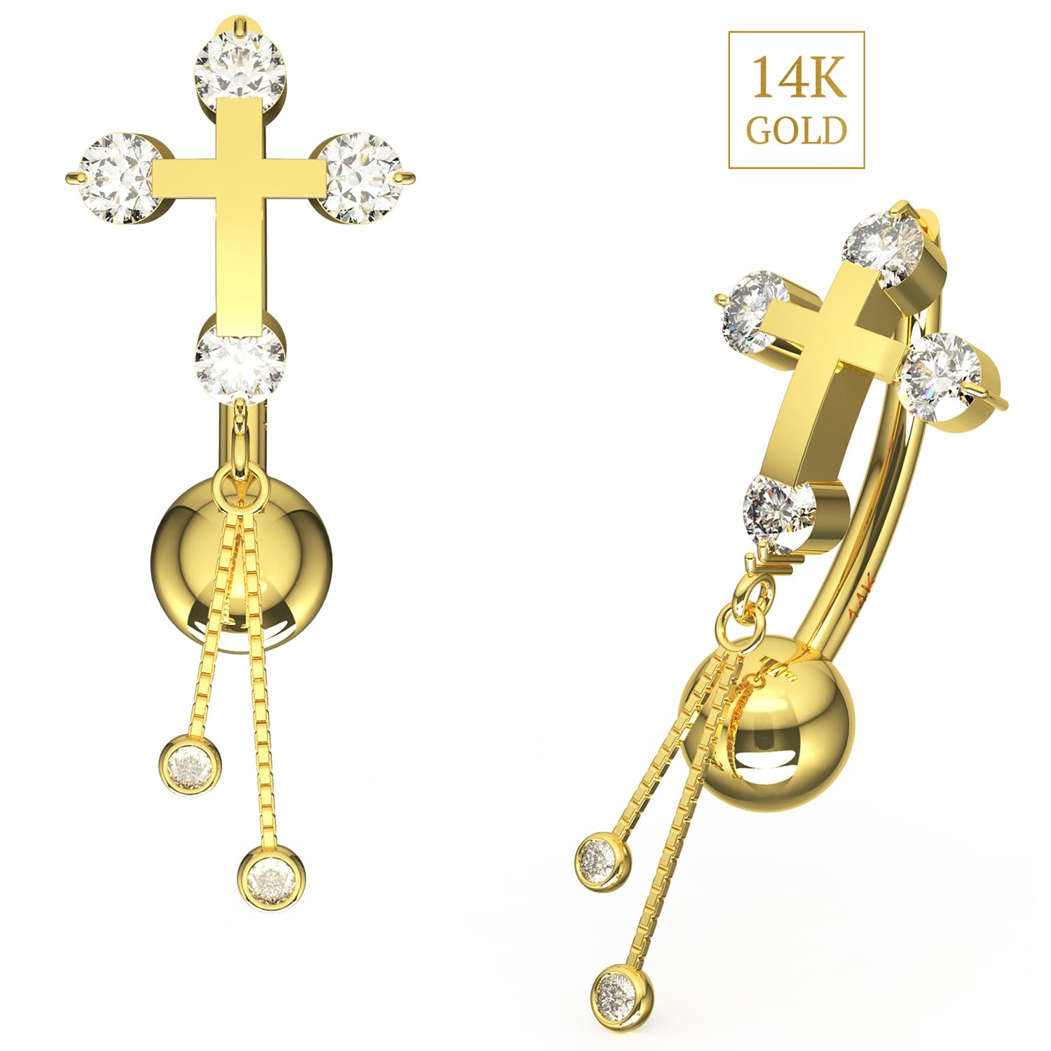 Piercing para ombligo de oro amarillo macizo de 14 quilates con circonita cúbica y cadena colgante, joyería para ombligo de 14 quilates, calibre 14, 14 Gauge - 12mm Length, Circonia