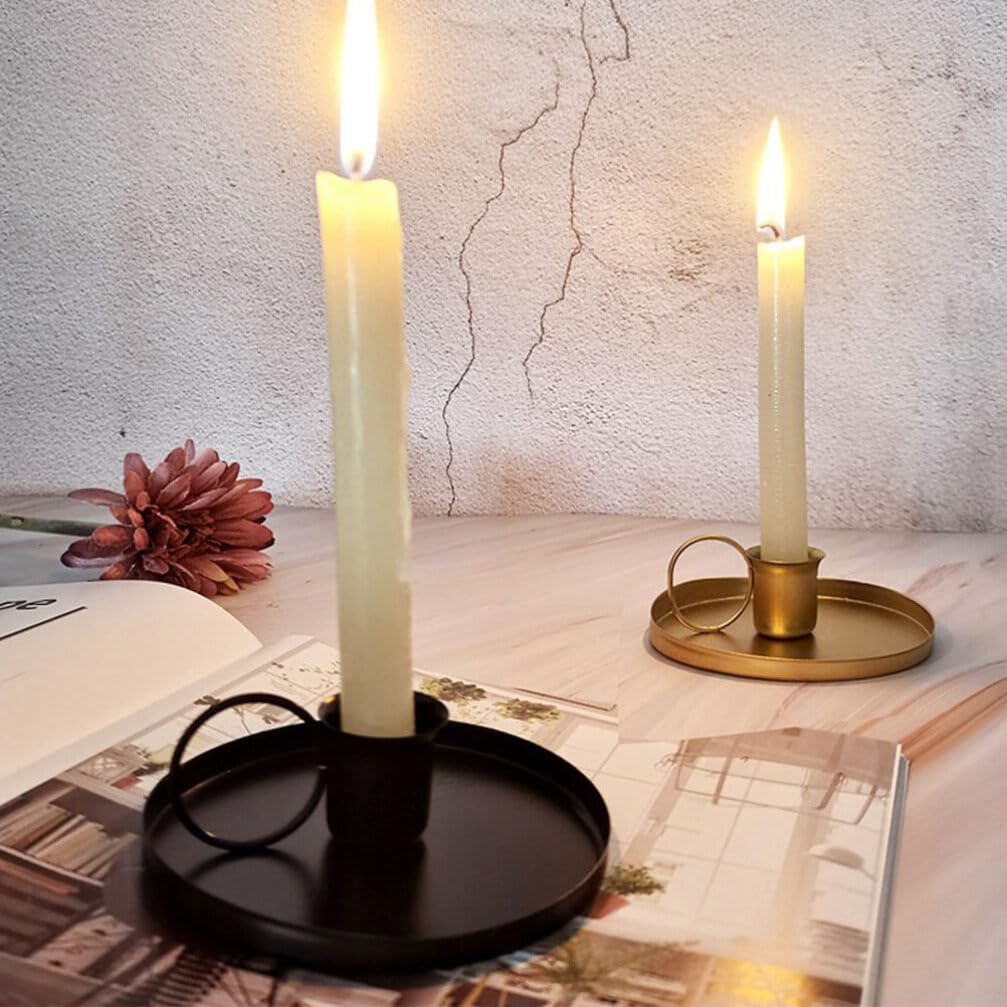 Lot De 2 Bougeoirs Ronds Vintage En Fer Noir - Avec Poignée, Pour Bougies Coniques, Décoration Mariage Ou Maison