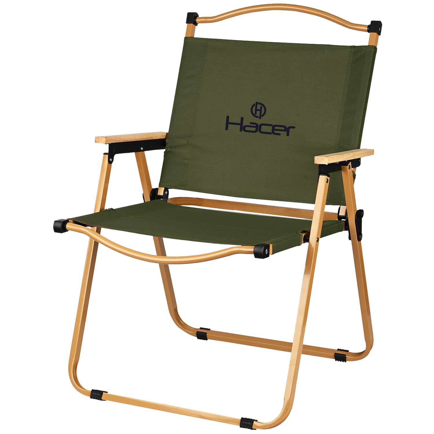 Hacer Carbon Steel Foldable Chair Outdoor Portable Armchair with Wooden Handle for Travel Camping Picnic Garden (Green)