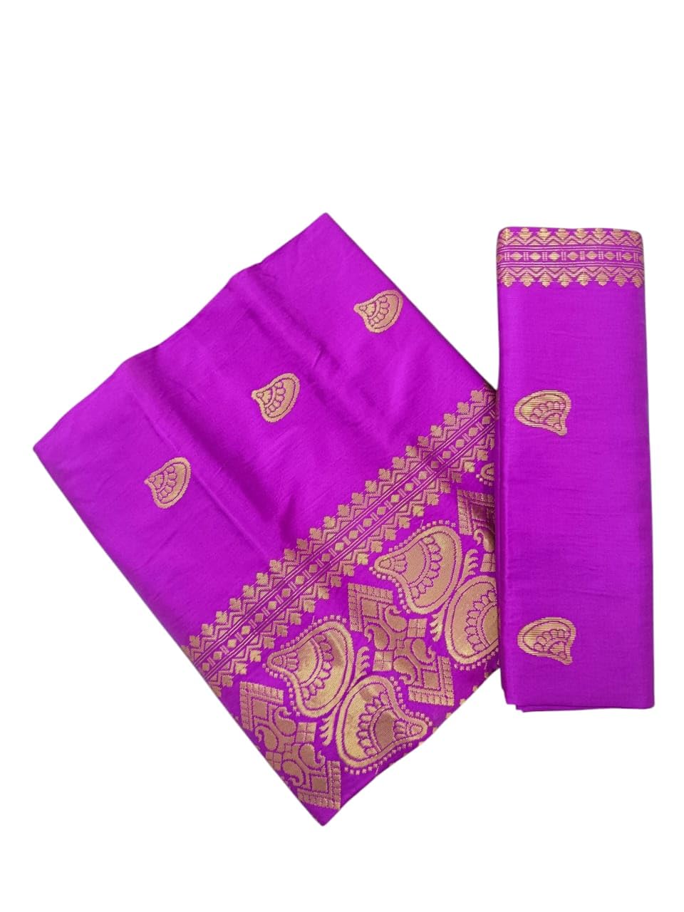 Traditional Assamese Mekhala Chador, Handloom Woven Banarasi Silk, Magenta with Gold Zari Embroidered Paisley Border, Traditional Design-image-10