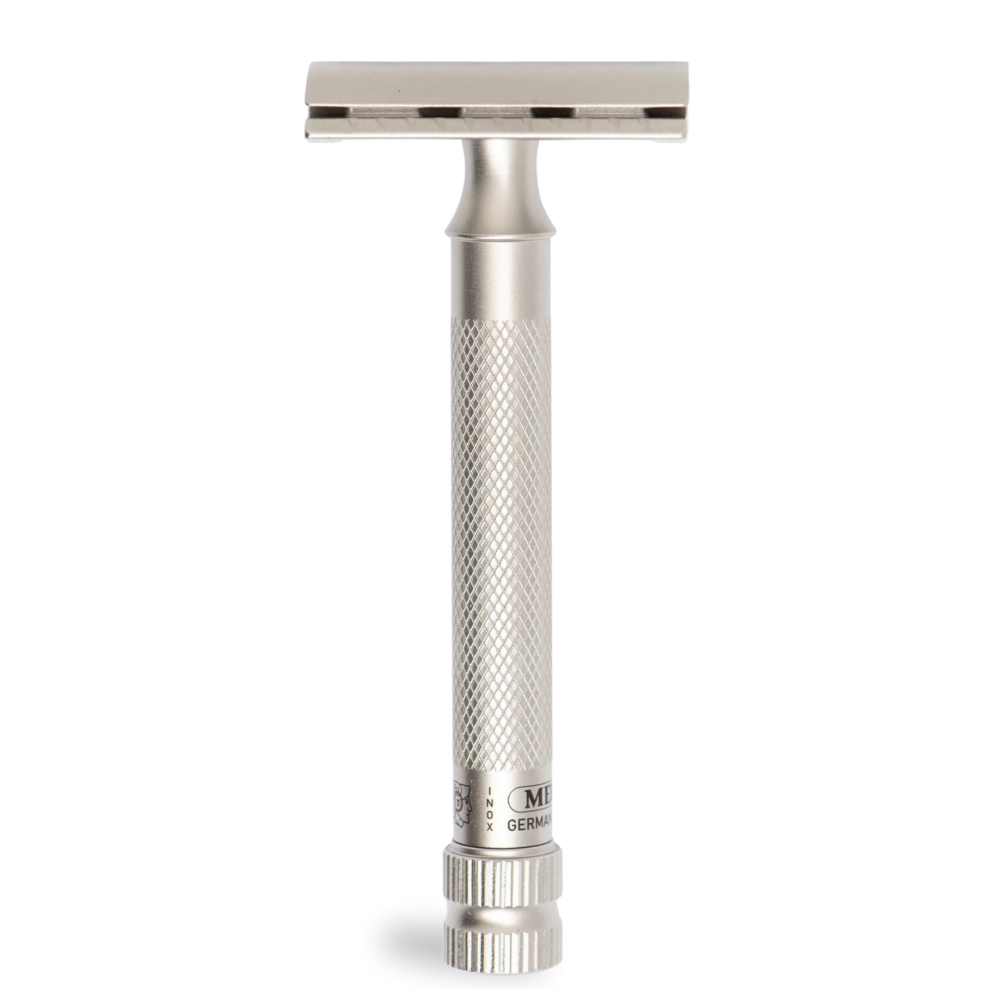 MERKUR Edelstahl Rasierhobel 34 INOX XL | Seidenmatt | Zweiteiliger Premium Rasierer mit geradem Schnitt | Geschlossener Kamm | Ideal für Nassrasur | Made in Germany